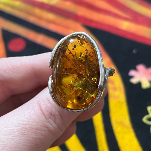 Vintage Jewelry - VTG Genuine Baltic Honey Amber Sterling Silver 925 Statement Size 9 Ring